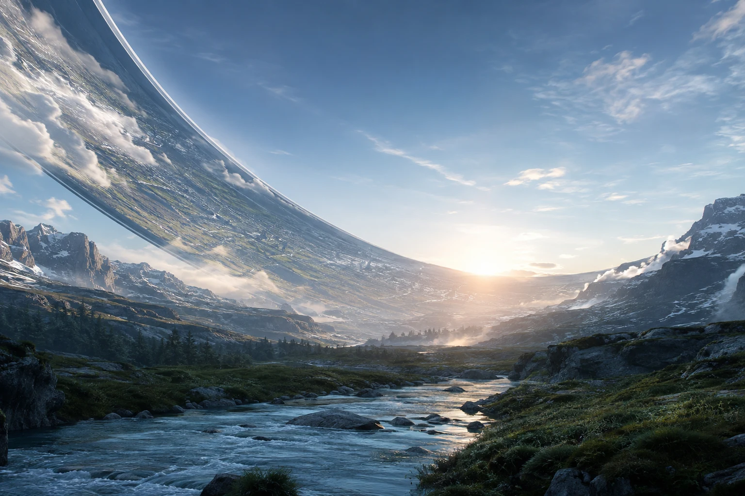 A vast ringworld rising above an alpine river valley at dawn.